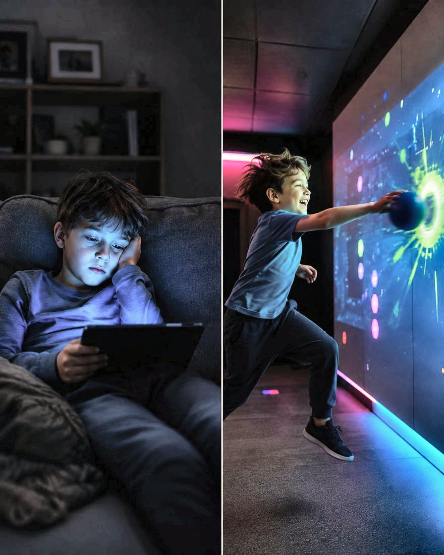 Links ein Junge gelangweilt mit Tablet auf dem Sofa, rechts derselbe Junge lachend beim Ballwurf an die leuchtende Spielwand